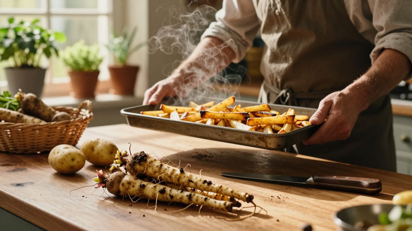 Pessoa segurando tabuleiro com batatas fritas frescas, com raízes e batatas na bancada de cozinha.