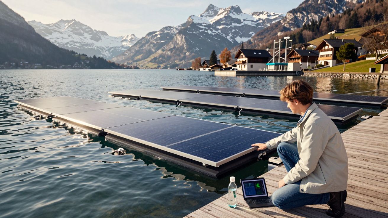 Homem sentado em cais junto a painéis solares flutuantes num lago com montanhas no fundo.
