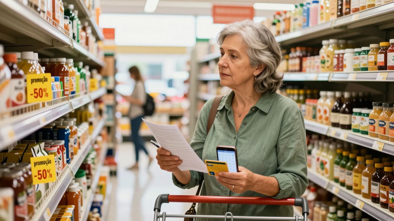 Mulher sénior a consultar lista de compras e telemóvel num corredor de supermercado com carrinho.