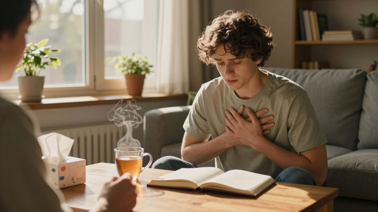 Jovem sentado no sofá com mãos no peito, aparentando desconforto, à frente de uma mesa com chá quente e livro aberto.