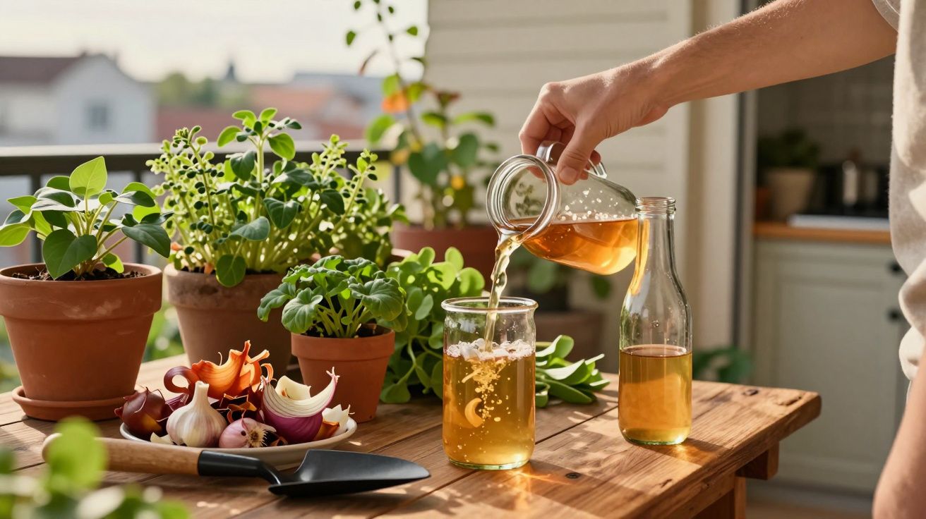 Pessoa a servir chá numa jarra de vidro num copo, com plantas de ervas aromáticas e alho numa mesa de madeira.