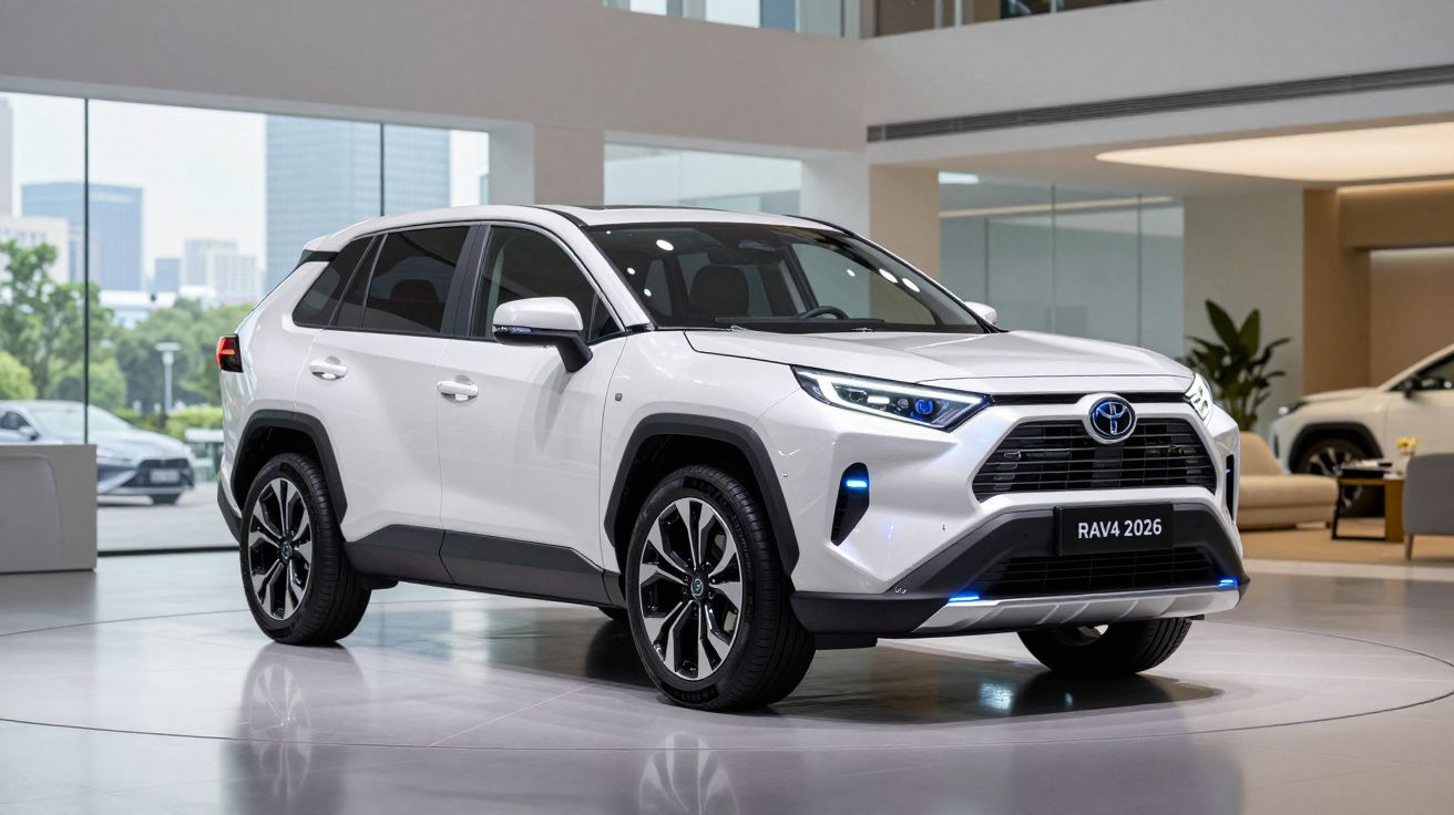 Toyota RAV4 branco 2026 numa exposição moderna com luz natural e detalhes azuis LED.
