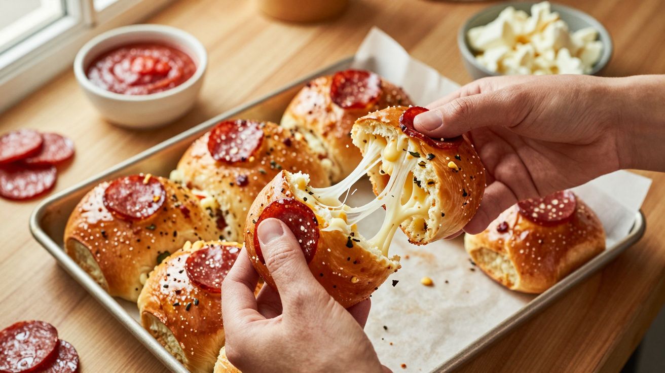 Mãos a partir de um pão recheado com queijo derretido, coberto com pepperoni numa tabuleiro.
