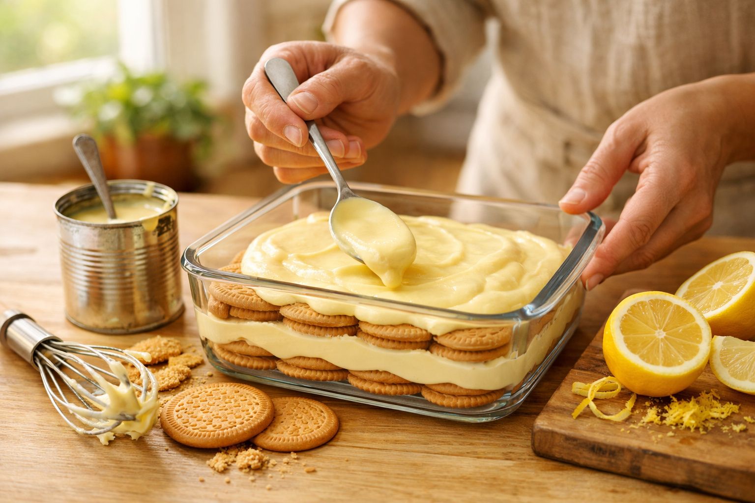 Pessoa espalha creme de limão sobre camadas de bolachas num prato de vidro numa cozinha iluminada.