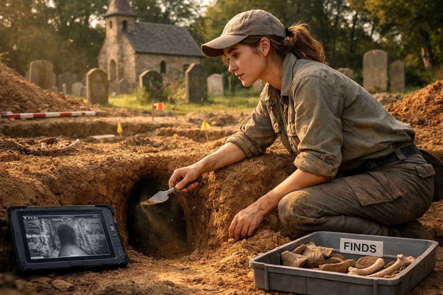 Mulher arqueóloga a escavar cuidadosamente num sítio arqueológico com ferramentas e artefactos à sua frente.