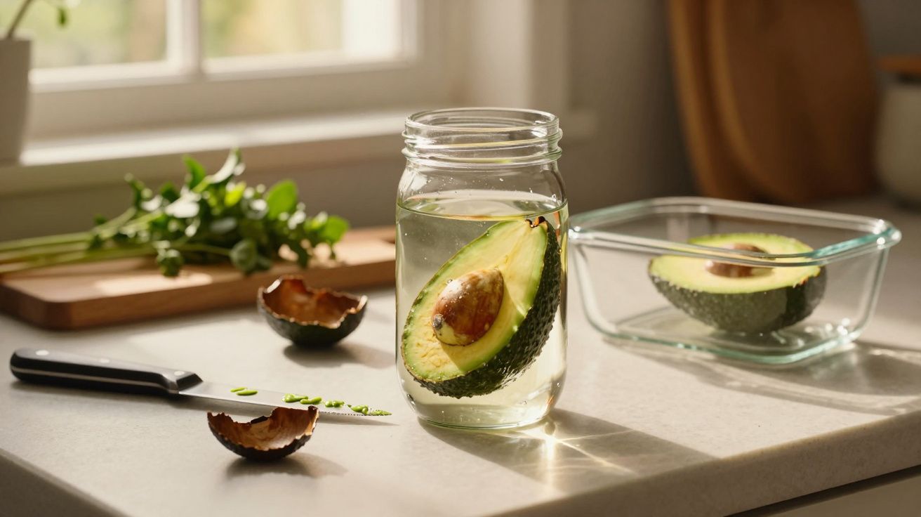 Meio abacate com caroço dentro de um frasco com água sobre bancada de cozinha iluminada.