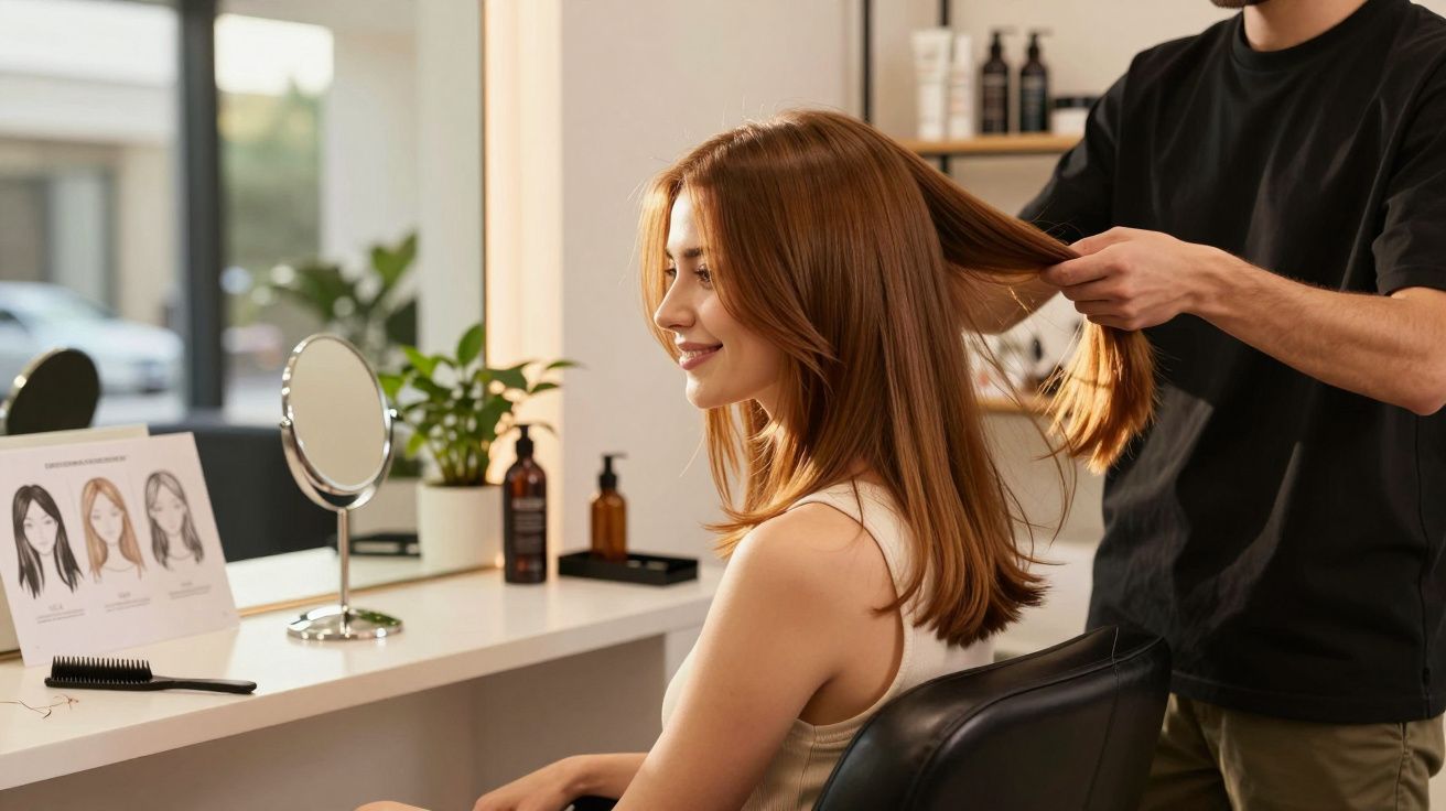 Mulher sorridente sentada num salão de cabeleireiro, cabeleireiro a segurar o seu cabelo castanho.