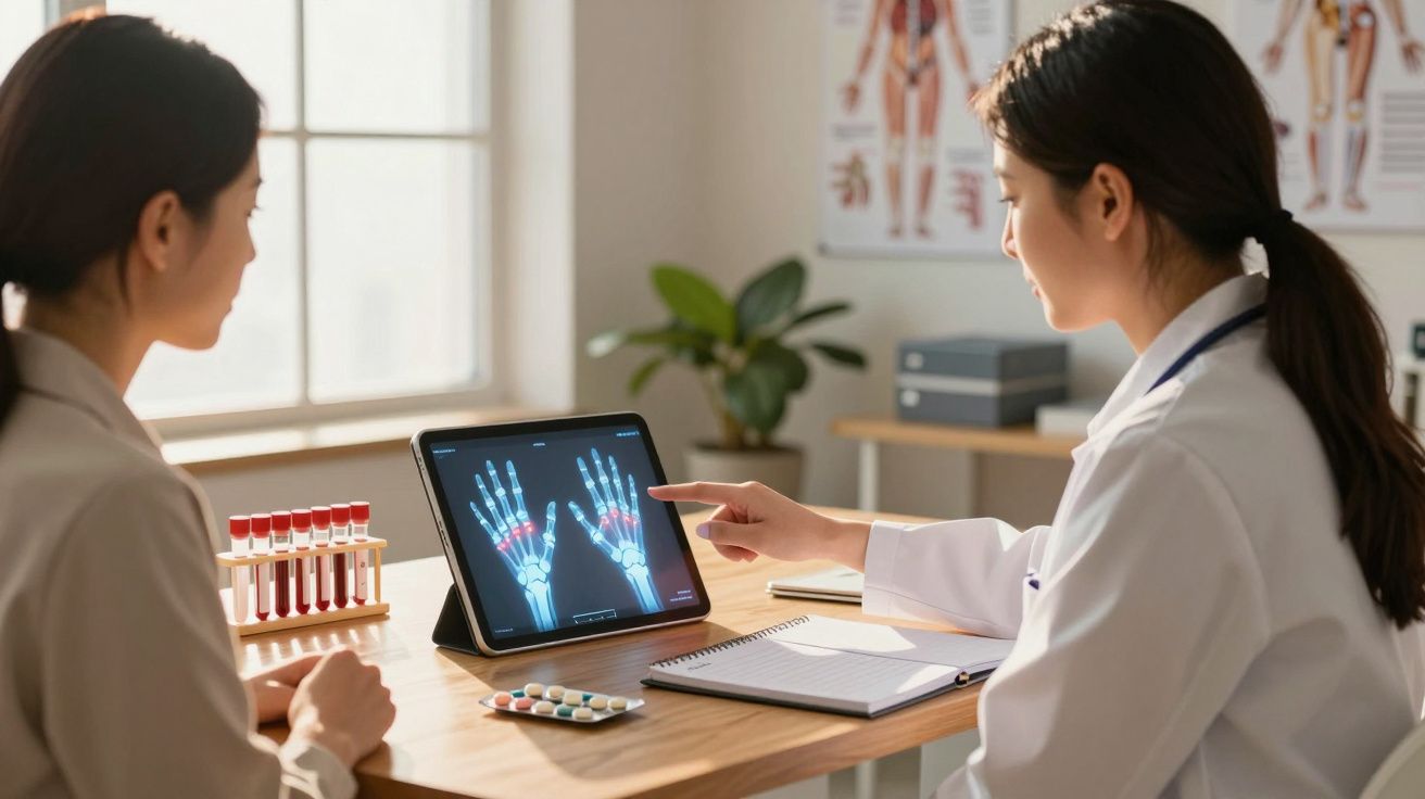 Médica a explicar radiografia das mãos a paciente numa consulta num consultório com medicamentos na mesa.