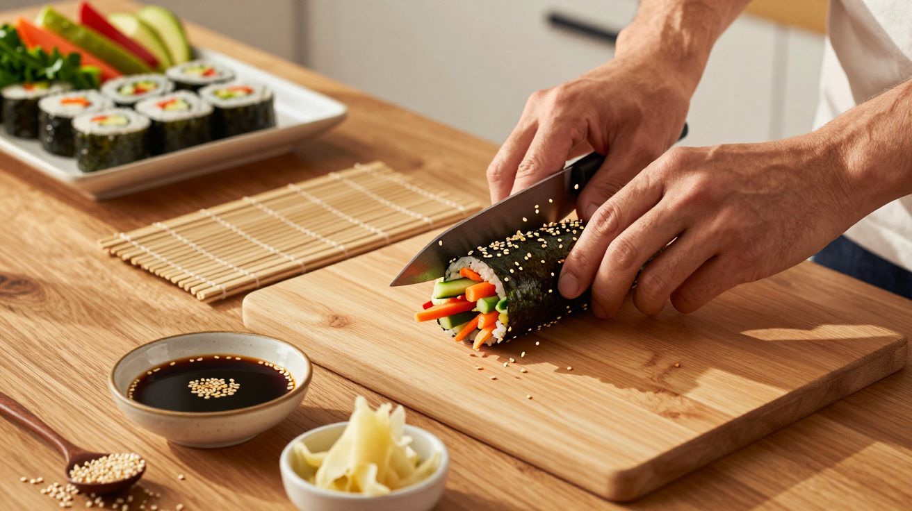 Mãos a cortar sushi de legumes frescos sobre tábua de madeira, com molho de soja e gengibre em volta.