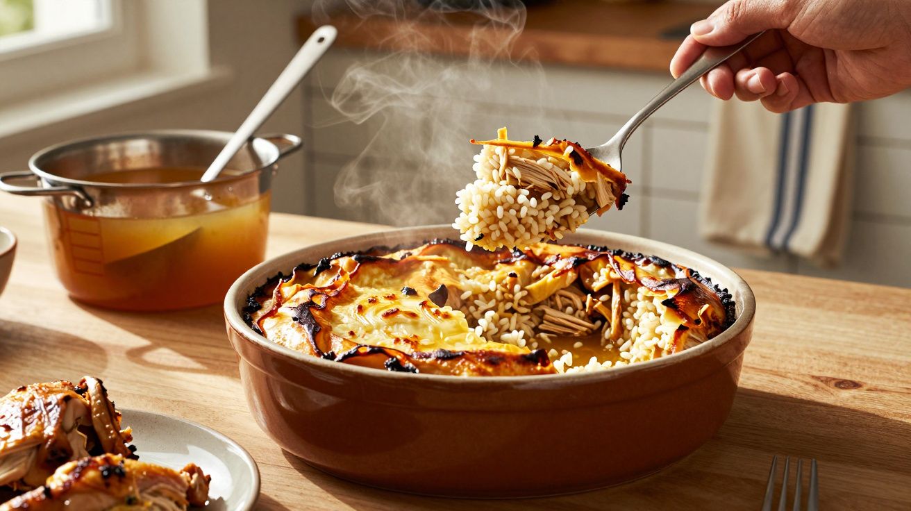 Refeição caseira quente com caldo, manga grelhada e arroz servido numa tigela castanha na cozinha.