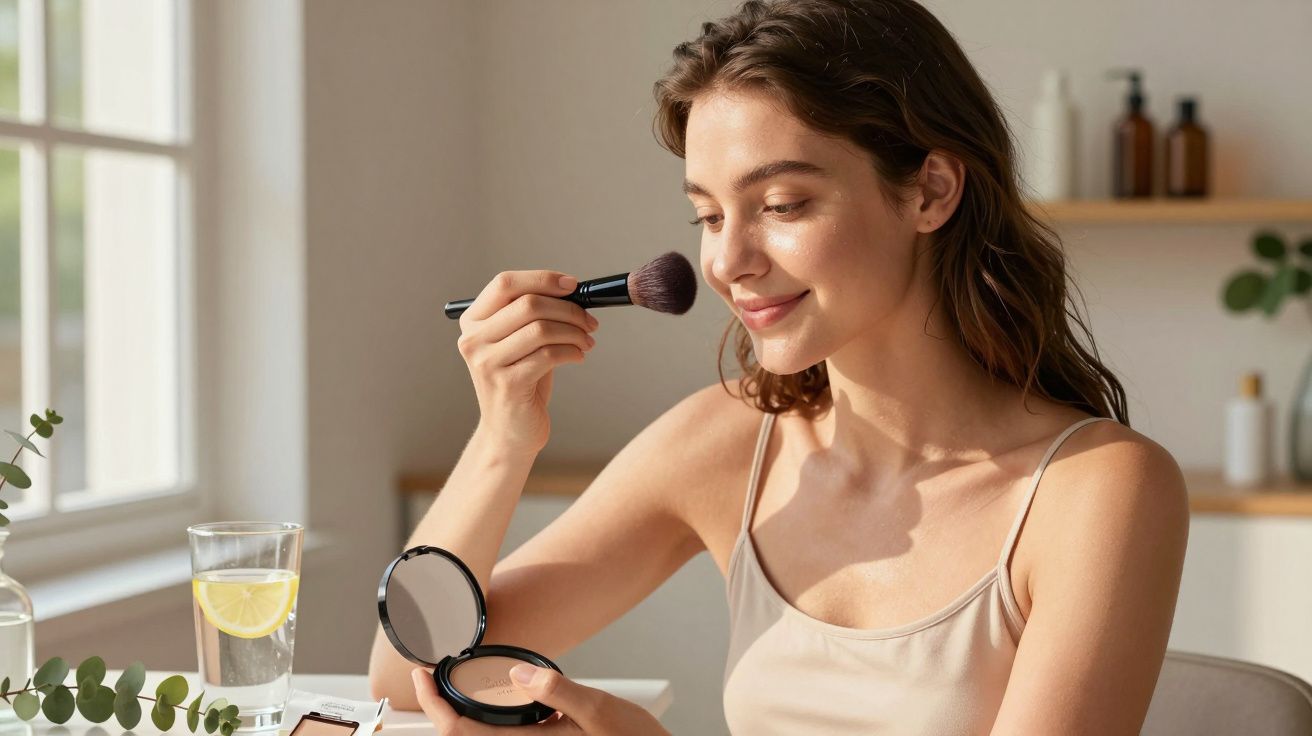 Mulher sorridente a aplicar maquilhagem com pincel num ambiente luminoso e acolhedor.