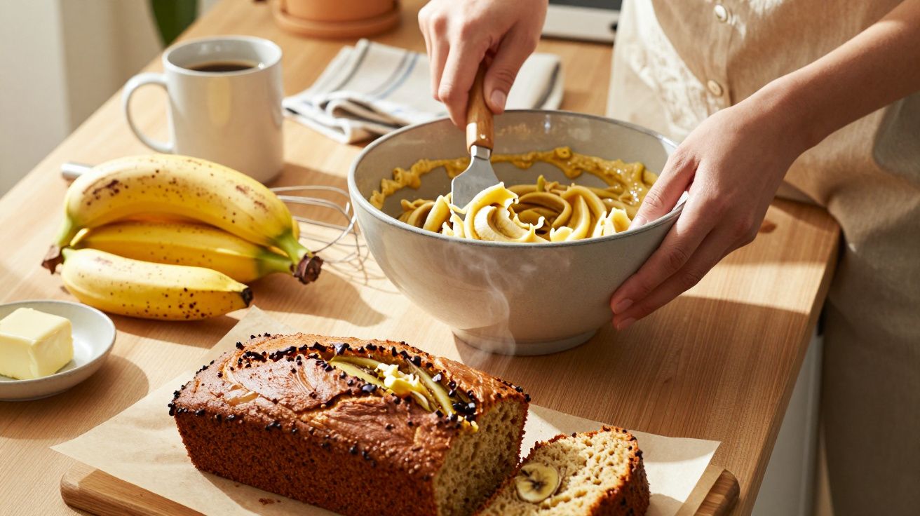Pessoa a preparar massa numa tigela com bolo de banana cortado, bananas, manteiga e café numa mesa de madeira.