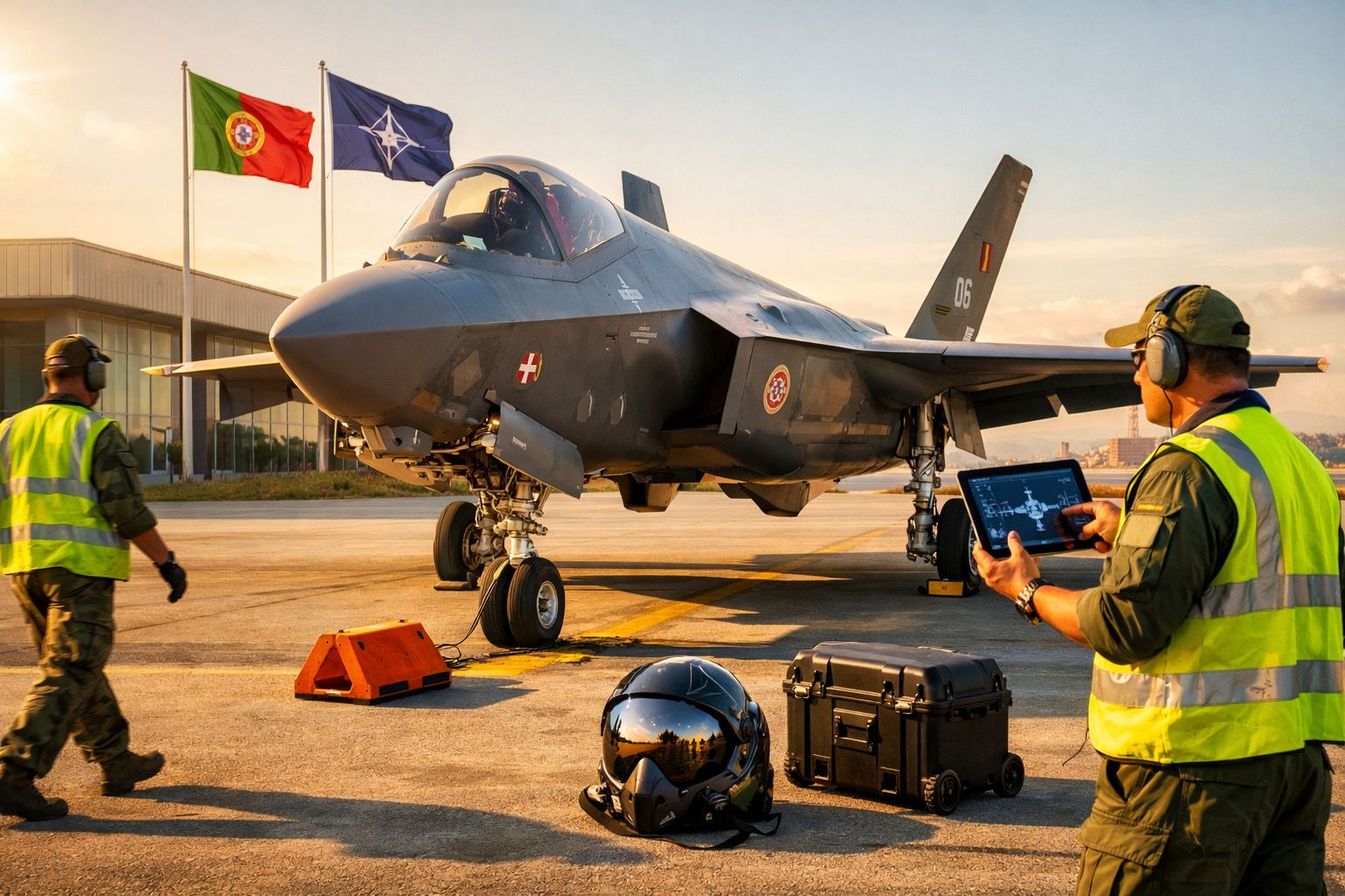Caça furtivo F-35 estacionado com militares portugueses e bandeiras de Portugal e NATO ao fundo.