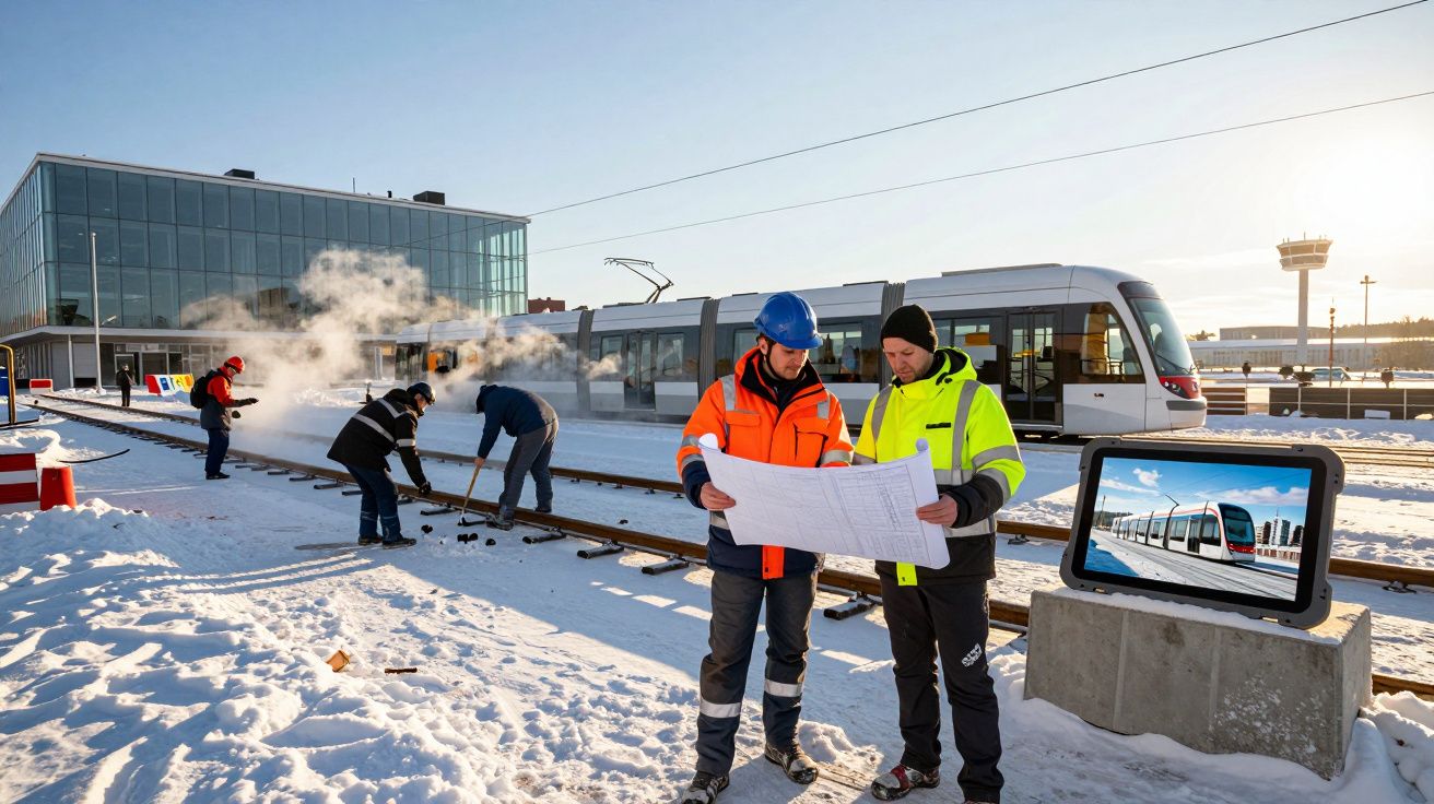 Trabalhadores a inspecionar planos junto a carris cobertos de neve com elétrico branco ao fundo numa estação moderna.