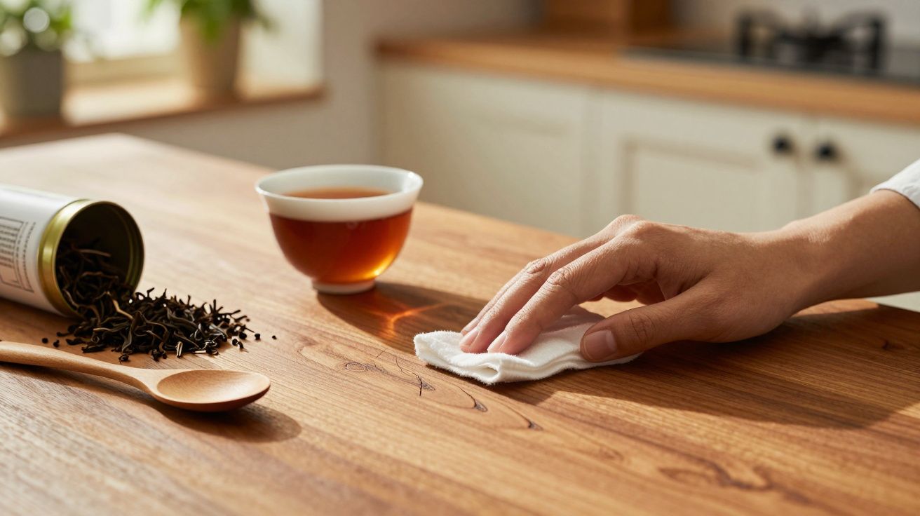 Mão a limpar riscas numa mesa de madeira com pano branco, chá em chávena e chá a granel sobre a mesa.