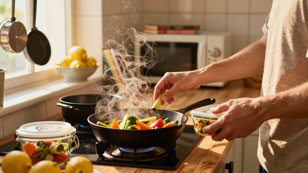 Mãos a cozinhar legumes em frigideira com vapor numa cozinha iluminada pela luz natural.