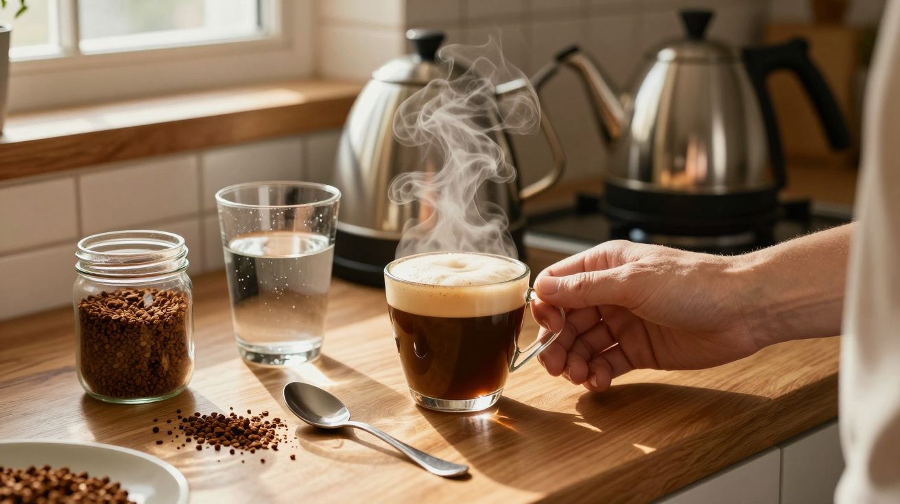 Mão segurando chávena de café quente com vapor numa cozinha com jarro de café e copo de água na bancada de madeira.