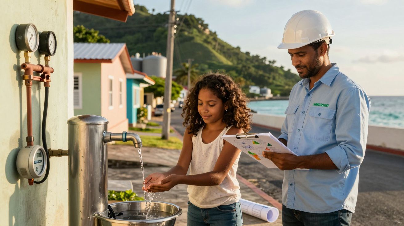 Menina lava as mãos numa torneira pública enquanto homem com capacete consulta prancheta junto ao mar.