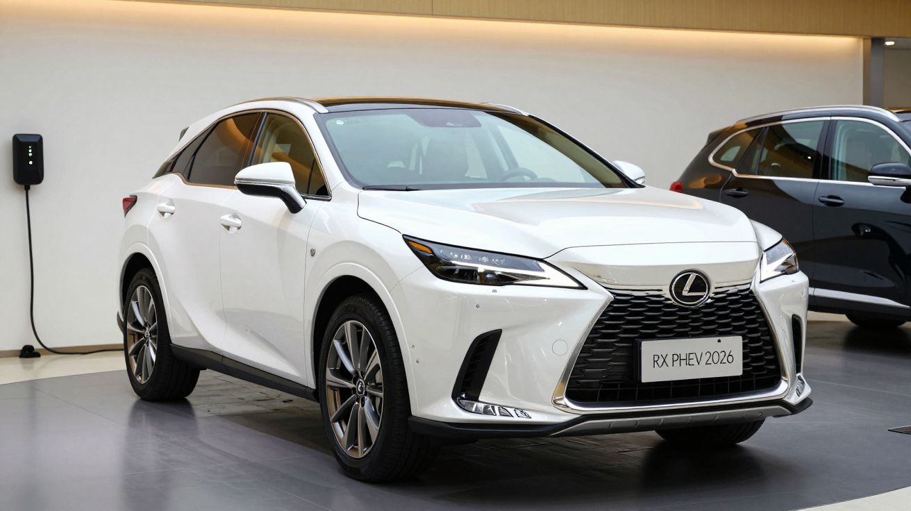 Automóvel SUV Lexus RX PHEV 2026 branco em exposição interior, ligado a estação de carregamento elétrica.
