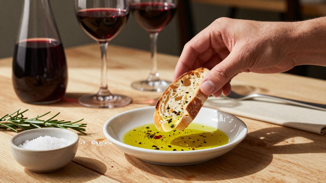 Mão a mergulhar pão em azeite temperado com especiarias, ao lado de taças de vinho tinto e sal no centro da mesa.