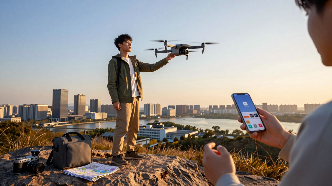 Jovem segurando drone sobre rocha enquanto outra pessoa controla com smartphone, com cidade e rio ao fundo.