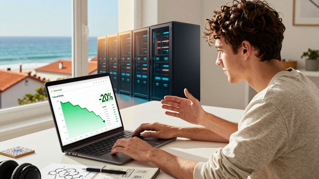 Homem jovem a trabalhar num portátil com gráfico decrescente e servidores ao fundo junto a uma janela.