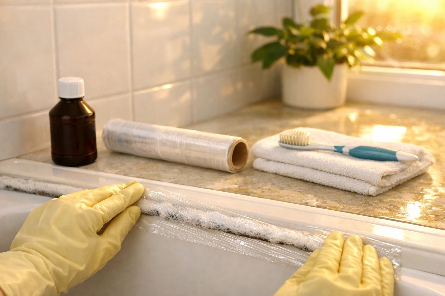 Mãos com luvas a aplicar película plástica transparente na borda de uma banheira num ambiente de casa de banho.