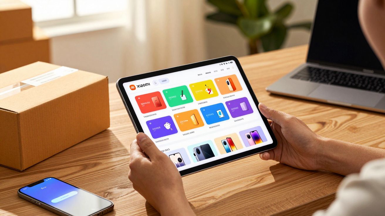 Pessoa segurando tablet com loja online da Xiaomi aberta numa mesa com smartphone e computador portátil.