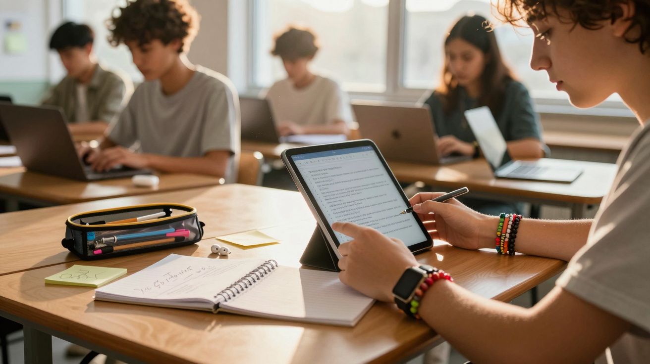 Estudantes numa sala de aula usando tablets e portáteis para estudar, com cadernos e material escolar na mesa.