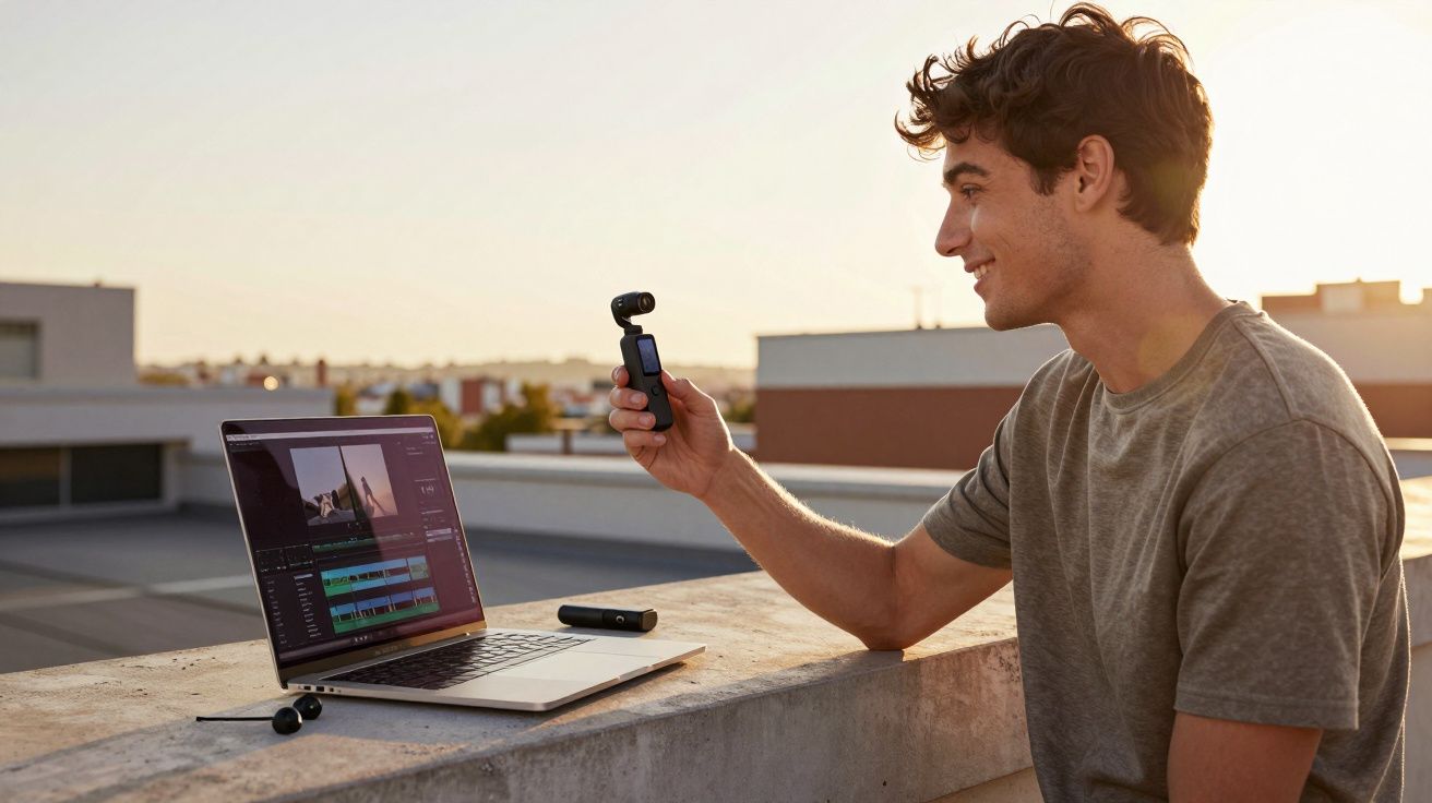 Homem jovem a usar câmara portátil e computador portátil numa varanda ao pôr do sol.
