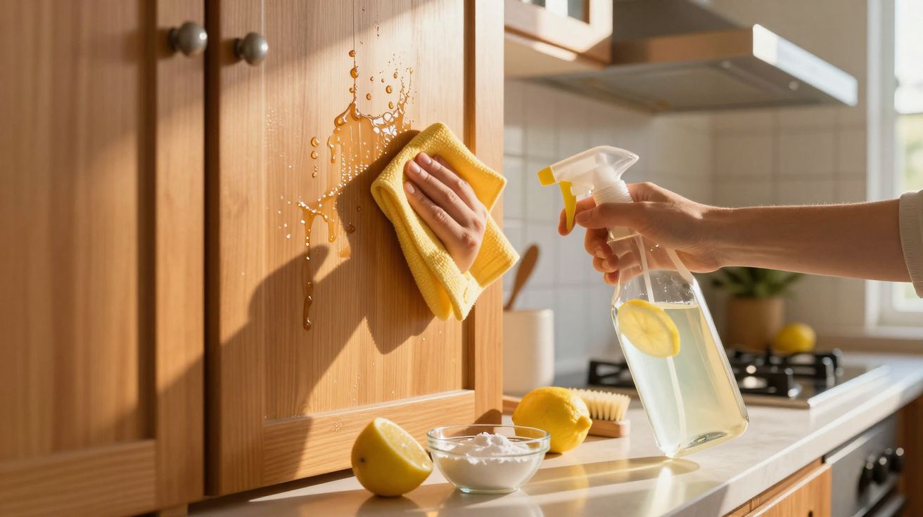 Mão a limpar porta de armário de cozinha com pano amarelo e spray caseiro de limpeza com limão.