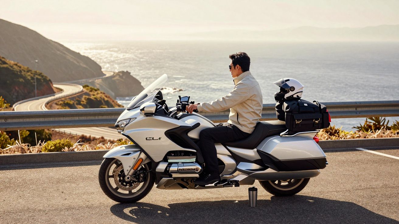 Homem sentado numa motocicleta branca estacionada junto a uma estrada costeira com vista para o mar.