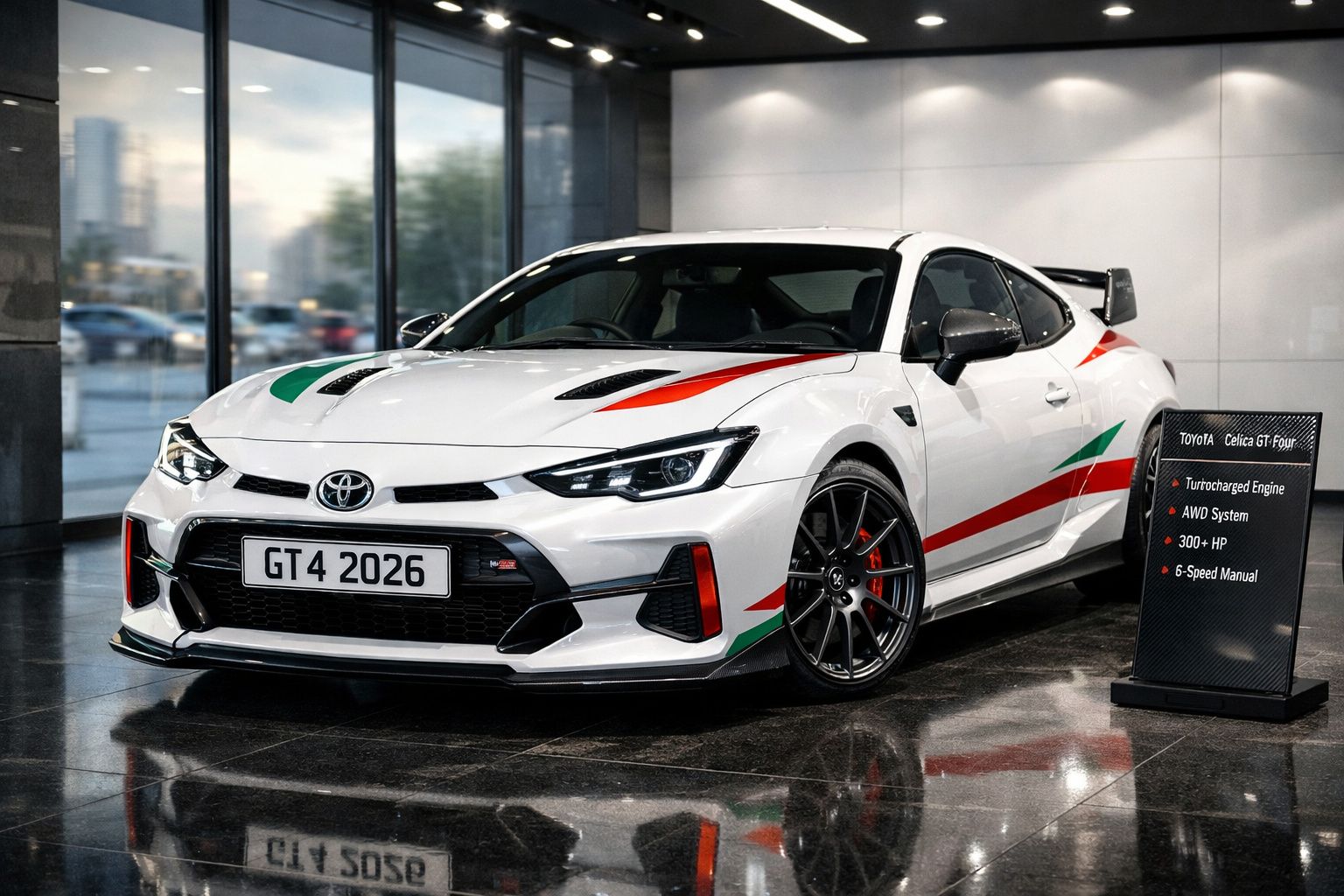 Carro desportivo Toyota Celica GT Four branco com detalhes verdes e vermelhos em exposição interior.