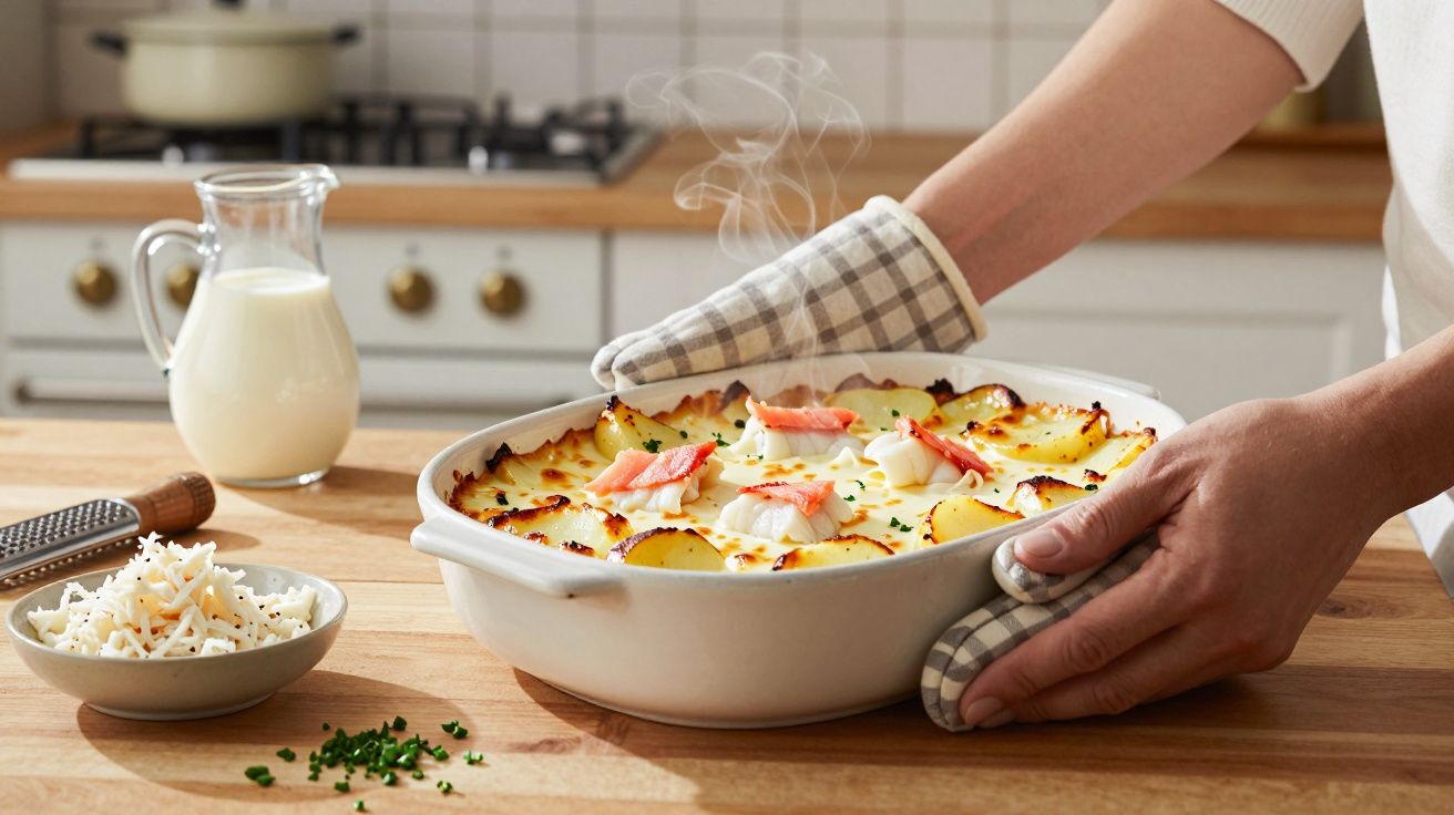 Pessoa a segurar um recipiente com gratinado de batatas e queijo acabado de sair do forno na cozinha.