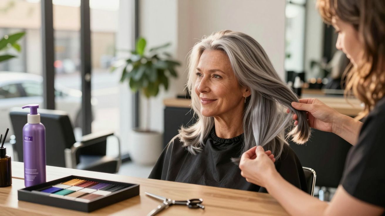 Mulher de cabelos grisalhos sentada num cabeleireiro a ser penteada por profissional.