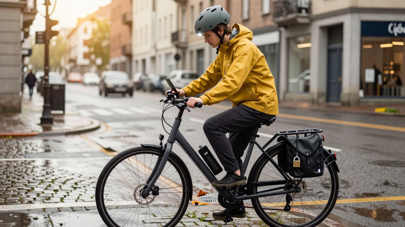 Pessoa com fato impermeável amarelo e capacete a consultar telemóvel numa bicicleta elétrica numa rua urbana molhada.
