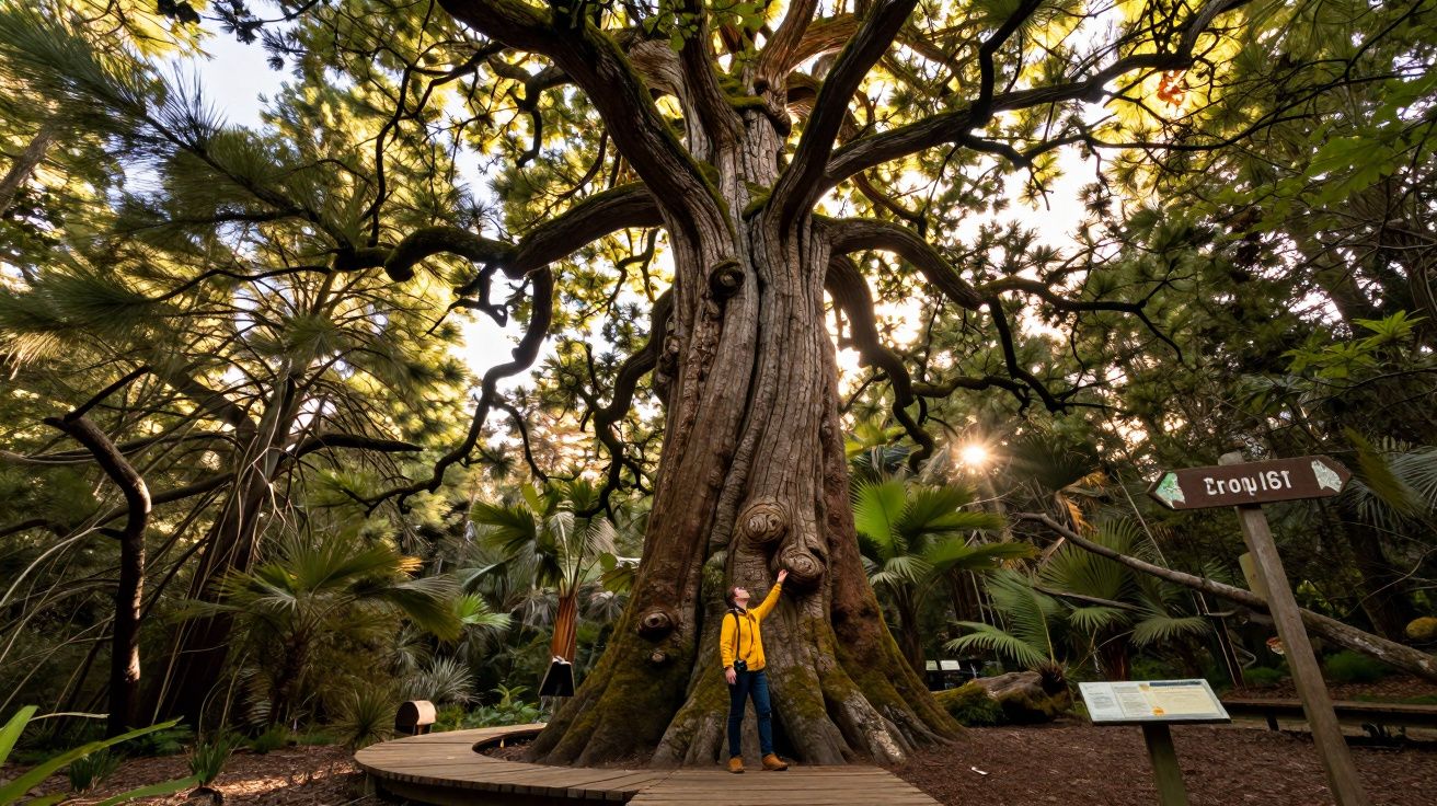 Pessoa encostada numa árvore imensa num parque com vegetação densa e luz solar a atravessar os ramos.