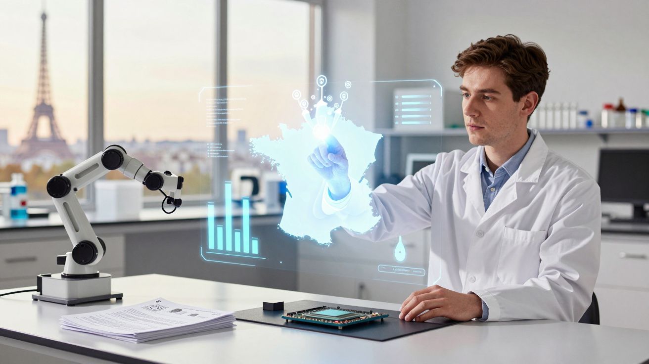 Homem de bata branca interage com interface digital holográfica num laboratório moderno com robô e vista da Torre Eiffel.