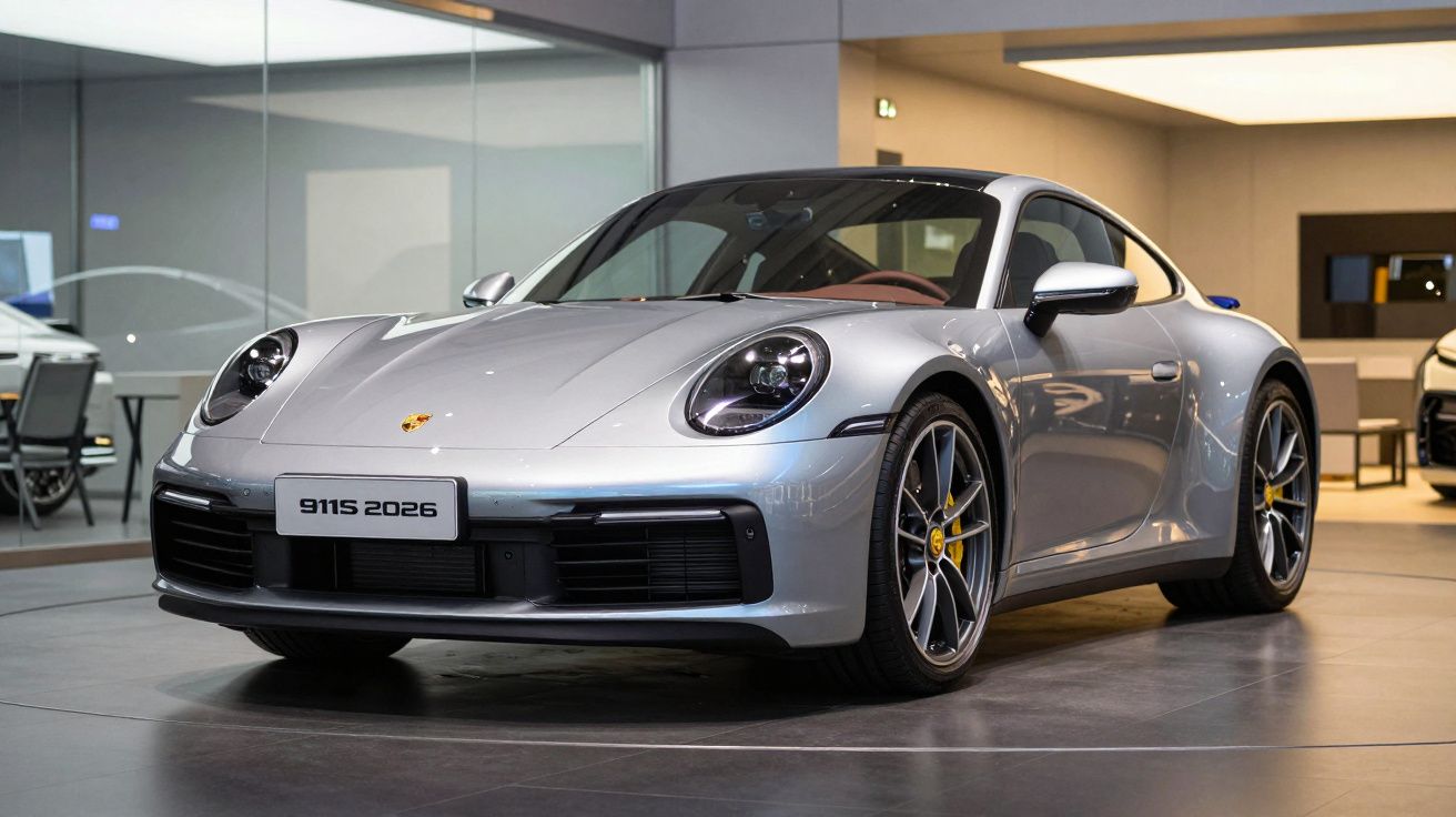 Carro desportivo Porsche 911S prata estacionado dentro de um showroom moderno.