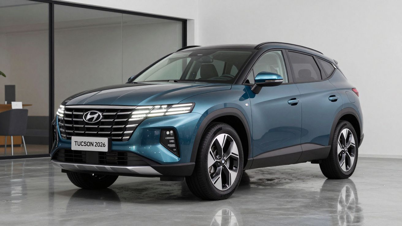 Carro SUV azul Hyundai Tucson 2026 estacionado em piso interior brilhante, vista lateral direita.
