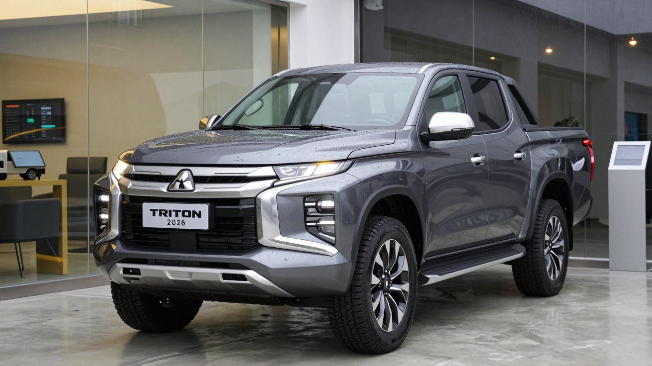 Pick-up Mitsubishi Triton cinzenta estacionada em showroom com chão de cimento polido.
