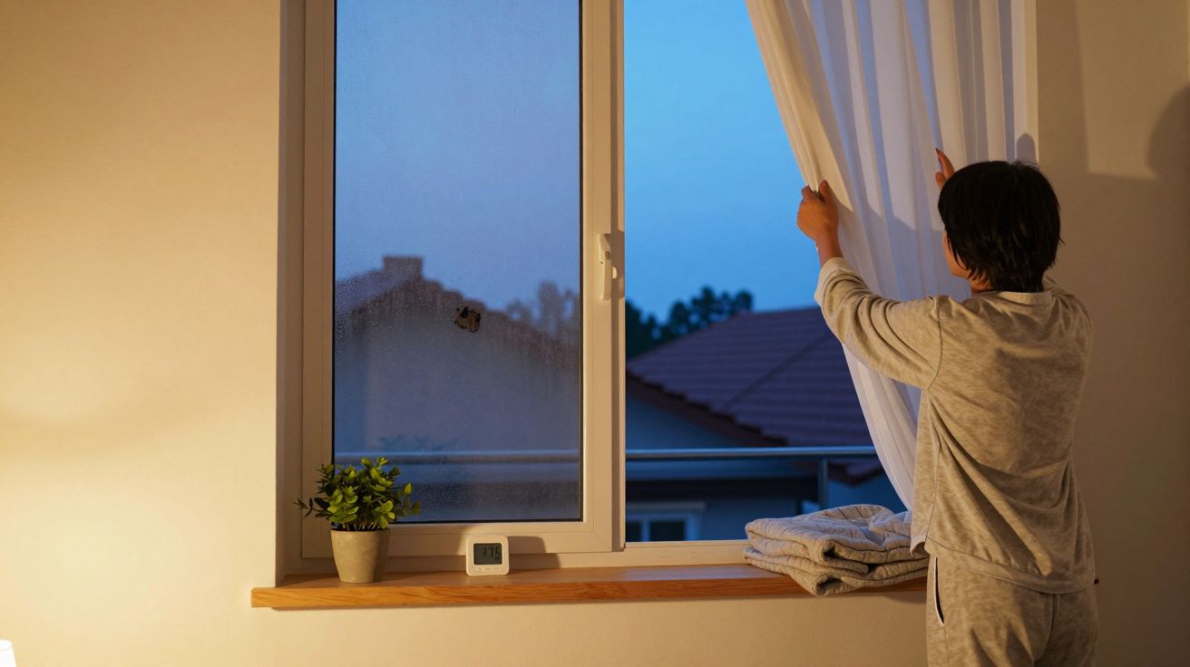 Criança em pijama a abrir a cortina de noite junto a janela com plantas e toalhas dobradas.
