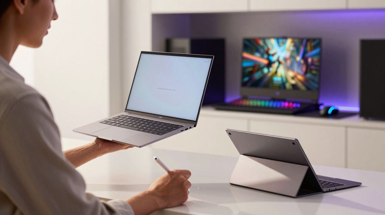 Pessoa segura portátil com uma mão e escreve com caneta digital, com tablet e portátil iluminado ao fundo.