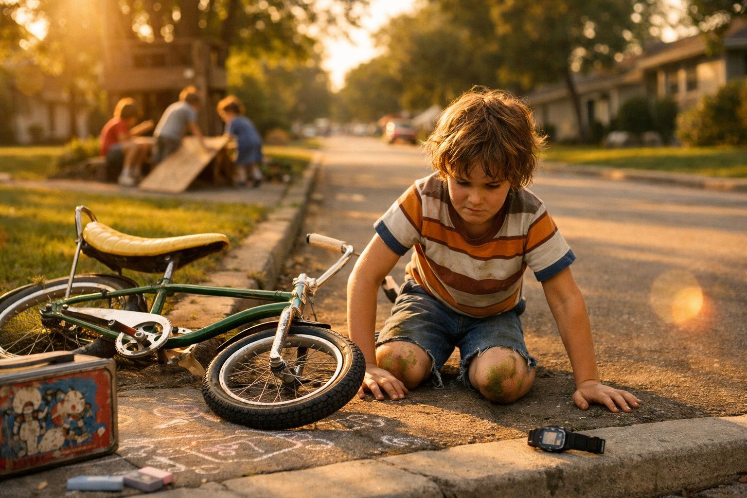 Criança sentada no chão de uma rua com joelhos sujos, bicicleta caída e outras crianças ao fundo.