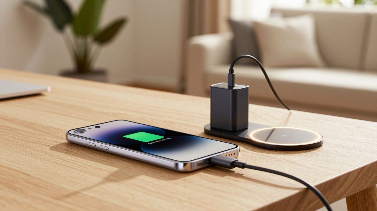 Smartphone a carregar ligado por cabo a carregador numa mesa de madeira num ambiente luminoso e confortável.