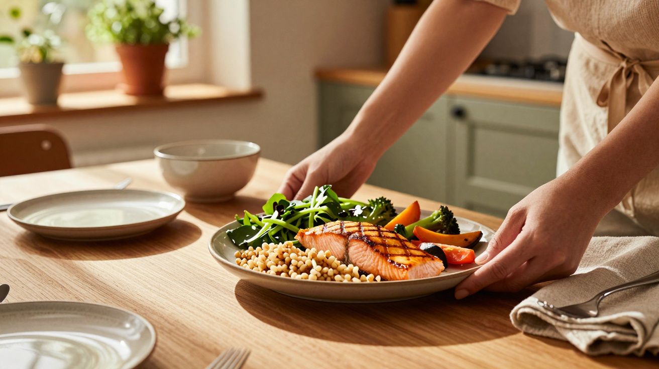 Pessoa a servir prato com salmão grelhado, legumes e couscous numa mesa de madeira iluminada.
