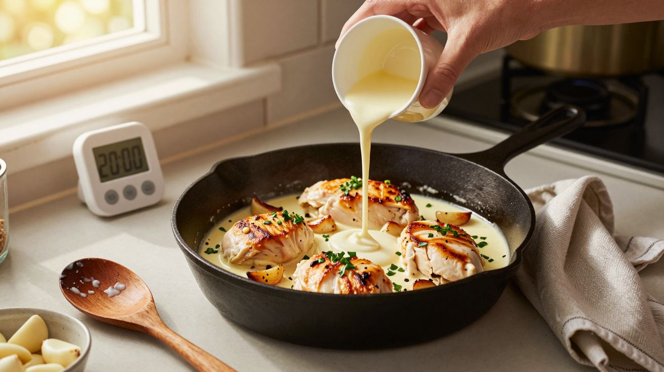 Frango grelhado na frigideira com molho cremoso sendo derramado, ajo e ervas frescas na bancada.