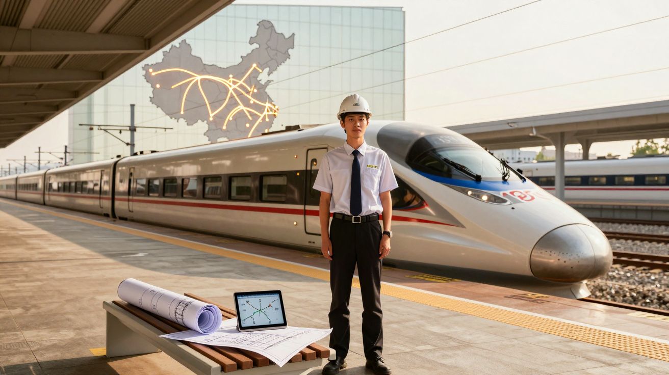 Jovem engenheiro de segurança junto a comboio de alta velocidade numa estação com planta e tablet à frente.
