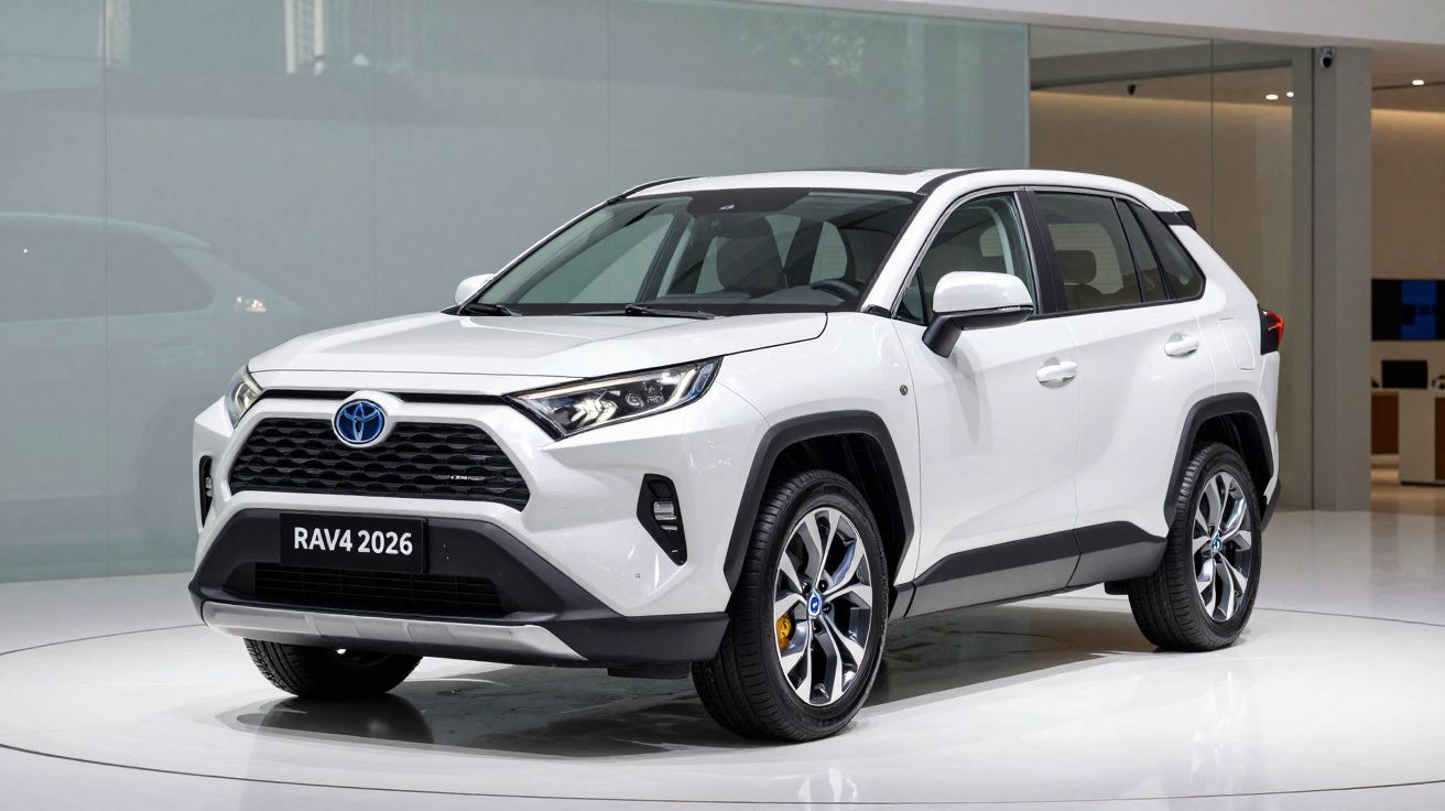 Carro SUV branco Toyota RAV4 2026 exposto em showroom moderno.