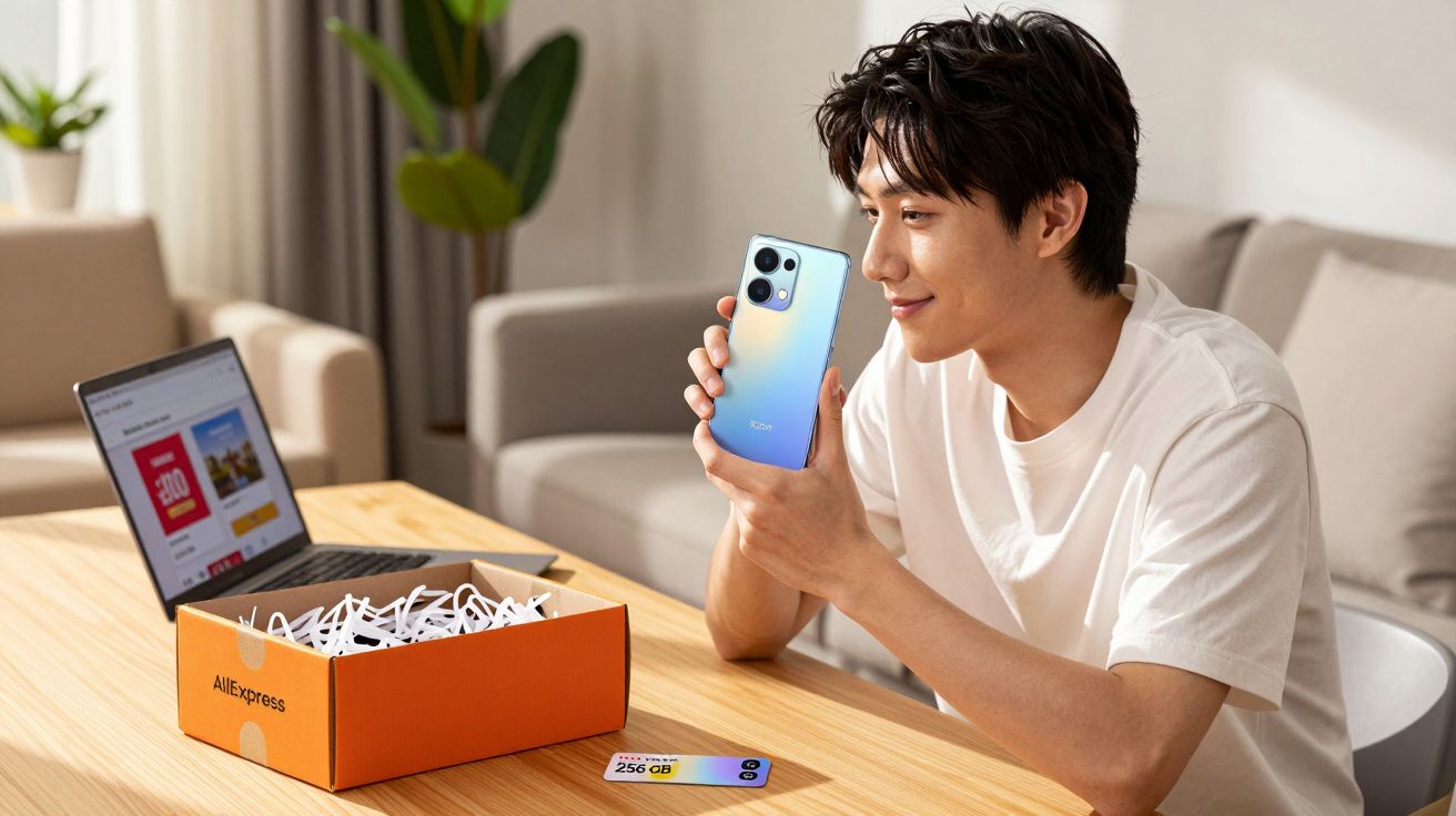 Jovem sentado à mesa segura telemóvel novo ao lado de caixa aberta da AliExpress e laptop ligado.